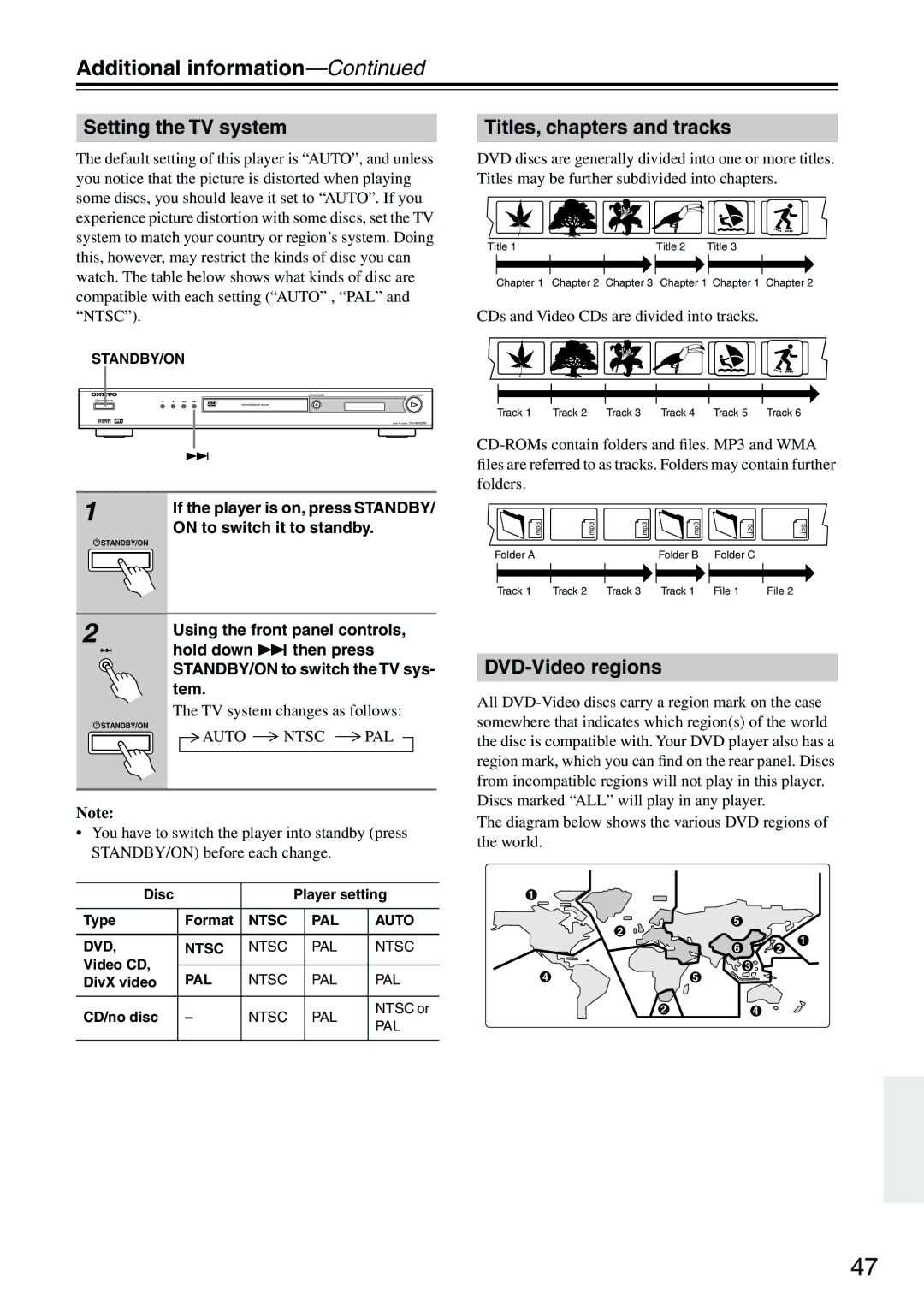 Onkyo DV-SP303E Additional information, Setting the TV system, Titles, chapters and tracks, DVD-Video regions 