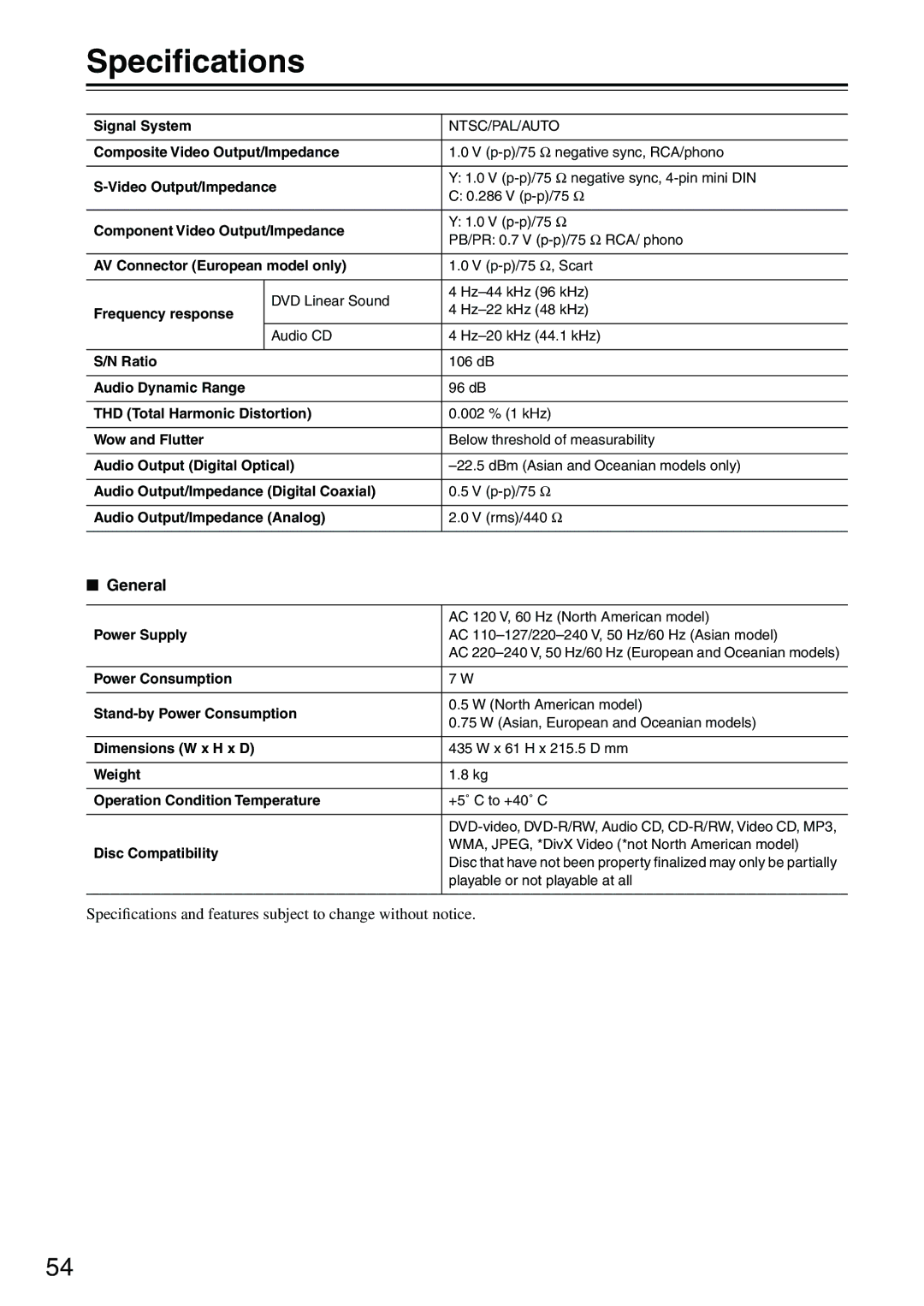 Onkyo DV-SP303E instruction manual Speciﬁcations, General 