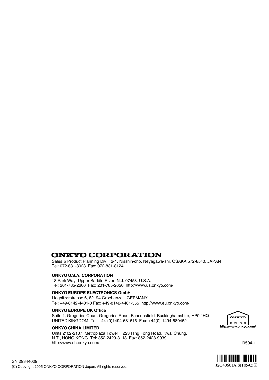 Onkyo DV-SP303E instruction manual Onkyo Europe Electronics GmbH, Onkyo Europe UK Office 