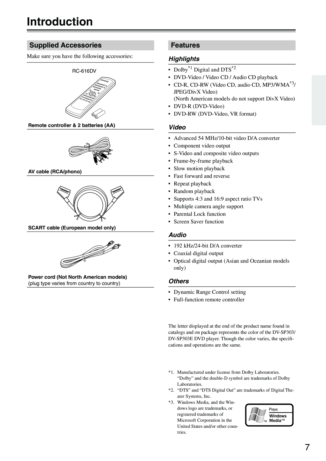 Onkyo DV-SP303E instruction manual Introduction, Supplied Accessories, Features 