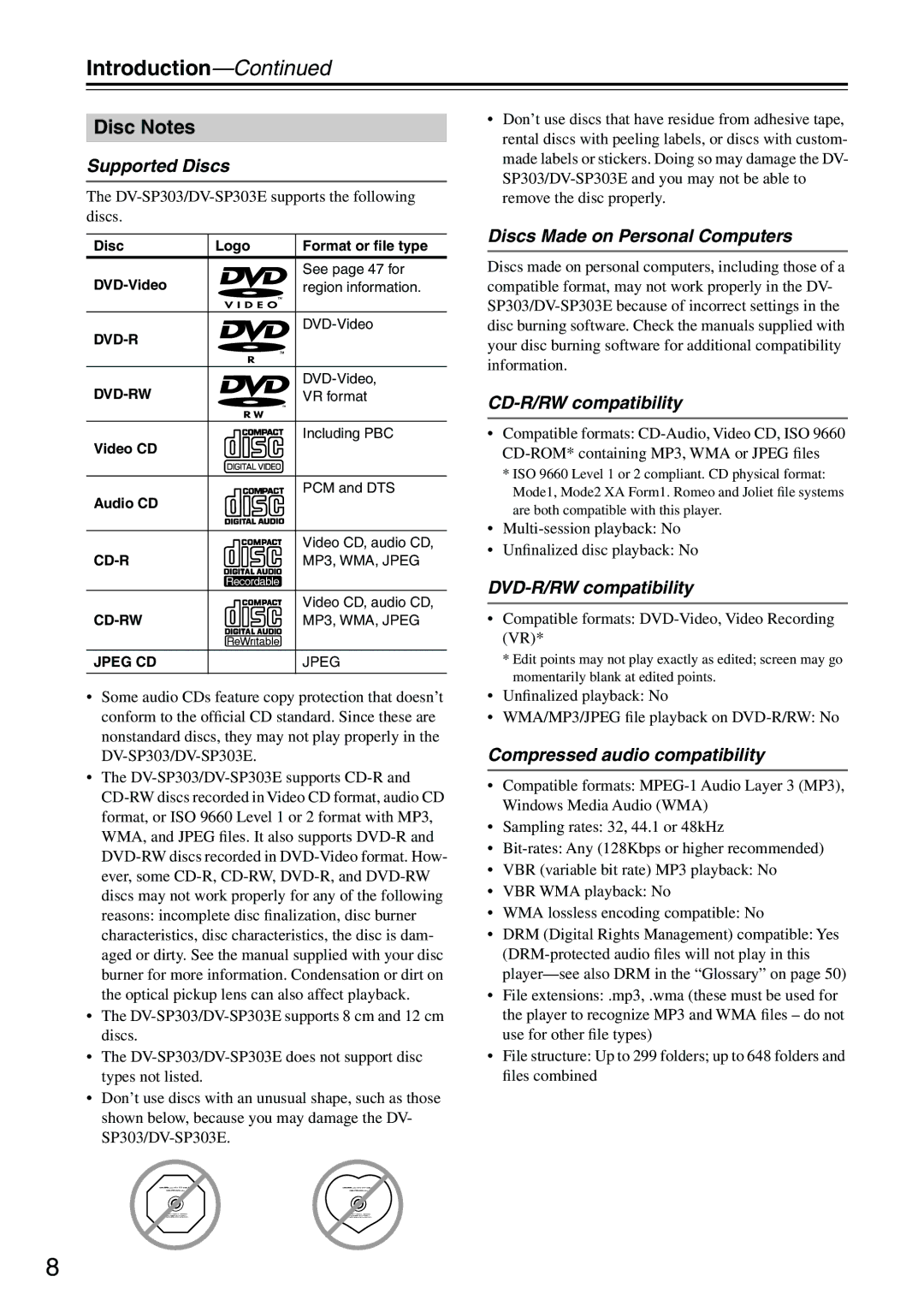 Onkyo DV-SP303E instruction manual Introduction, Disc Notes 