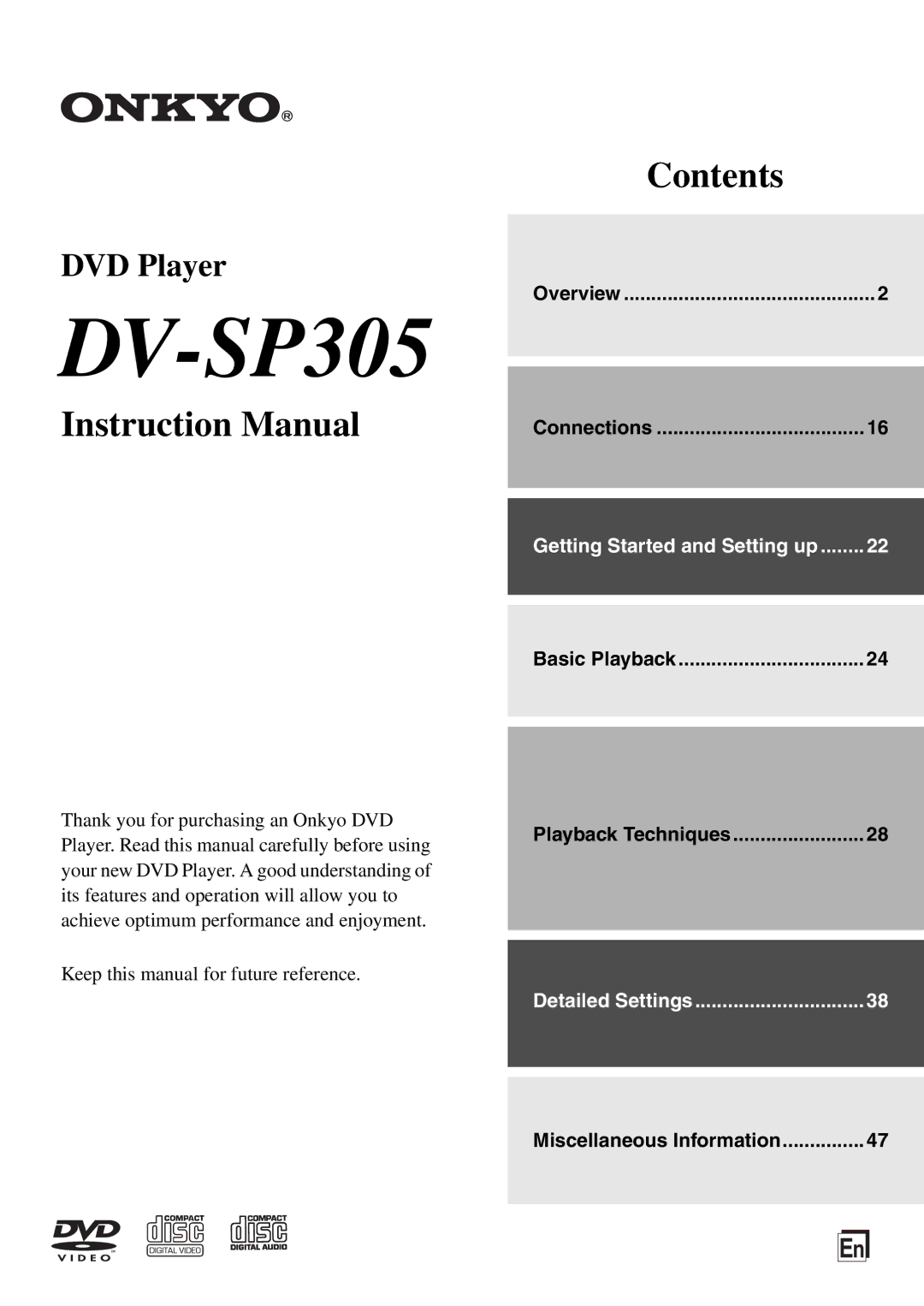Onkyo DV-SP305 instruction manual Connections, Basic Playback, Miscellaneous Information 