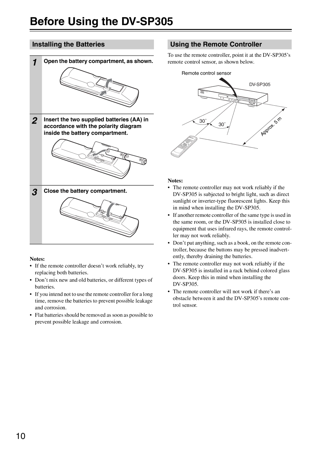 Onkyo instruction manual Before Using the DV-SP305, Installing the Batteries, Using the Remote Controller 
