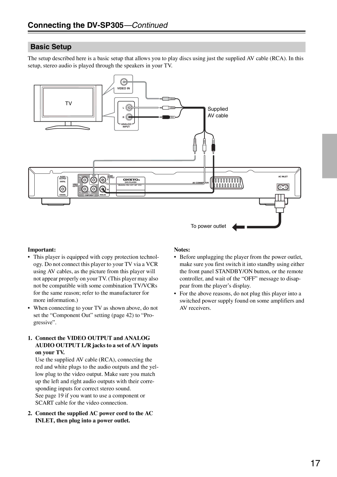 Onkyo instruction manual Connecting the DV-SP305, Basic Setup, Supplied 