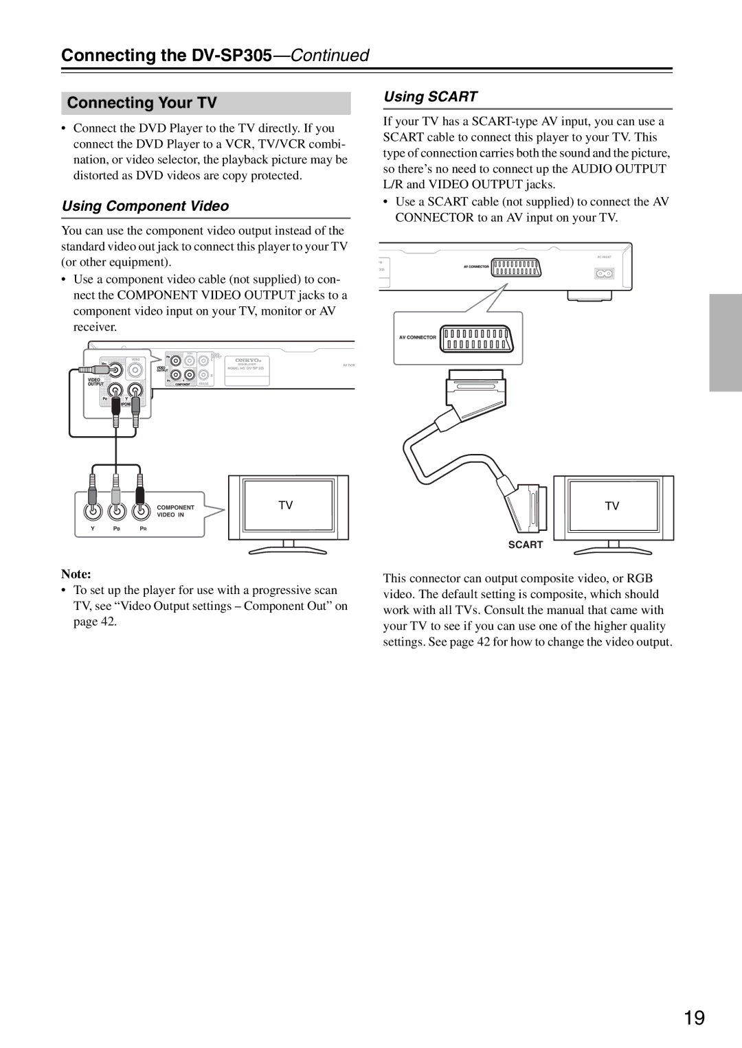Onkyo DV-SP305 instruction manual Connecting Your TV, Using Component Video, Using Scart 