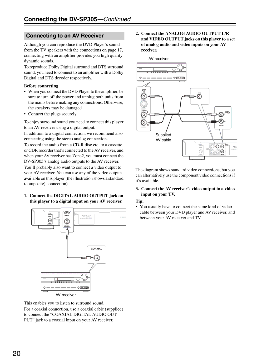 Onkyo DV-SP305 instruction manual Connecting to an AV Receiver, Before connecting 