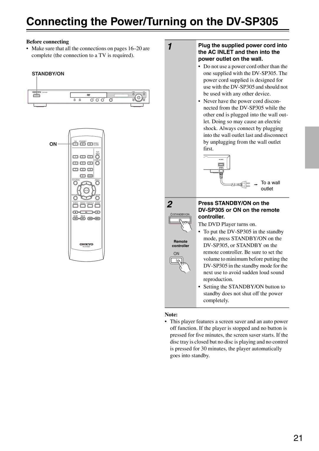 Onkyo instruction manual Connecting the Power/Turning on the DV-SP305 