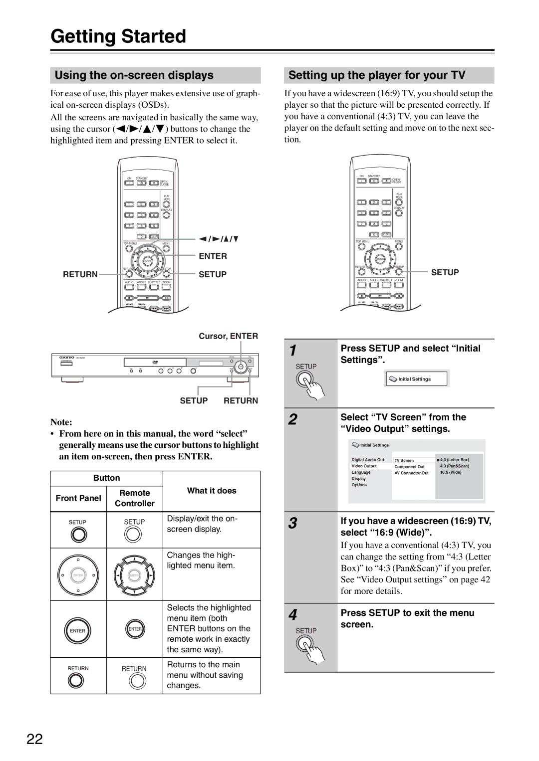 Onkyo DV-SP305 instruction manual Getting Started, Using the on-screen displays, Setting up the player for your TV 