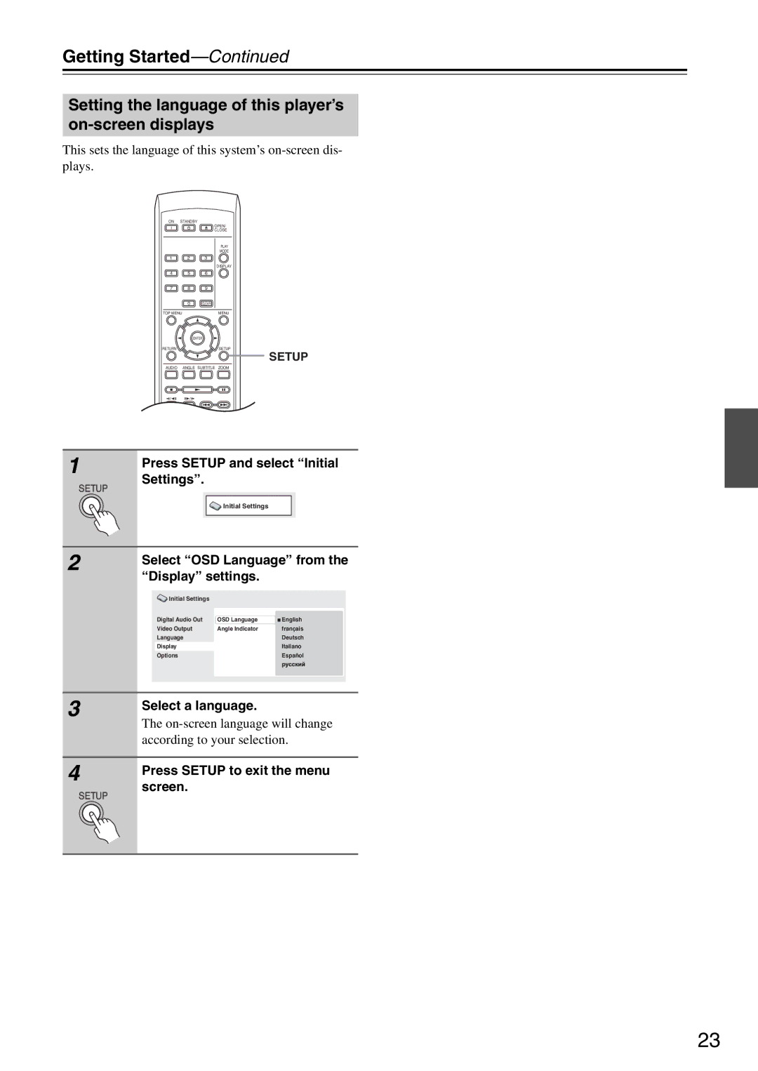 Onkyo DV-SP305 Getting Started, Setting the language of this player’s on-screen displays, Select a language 