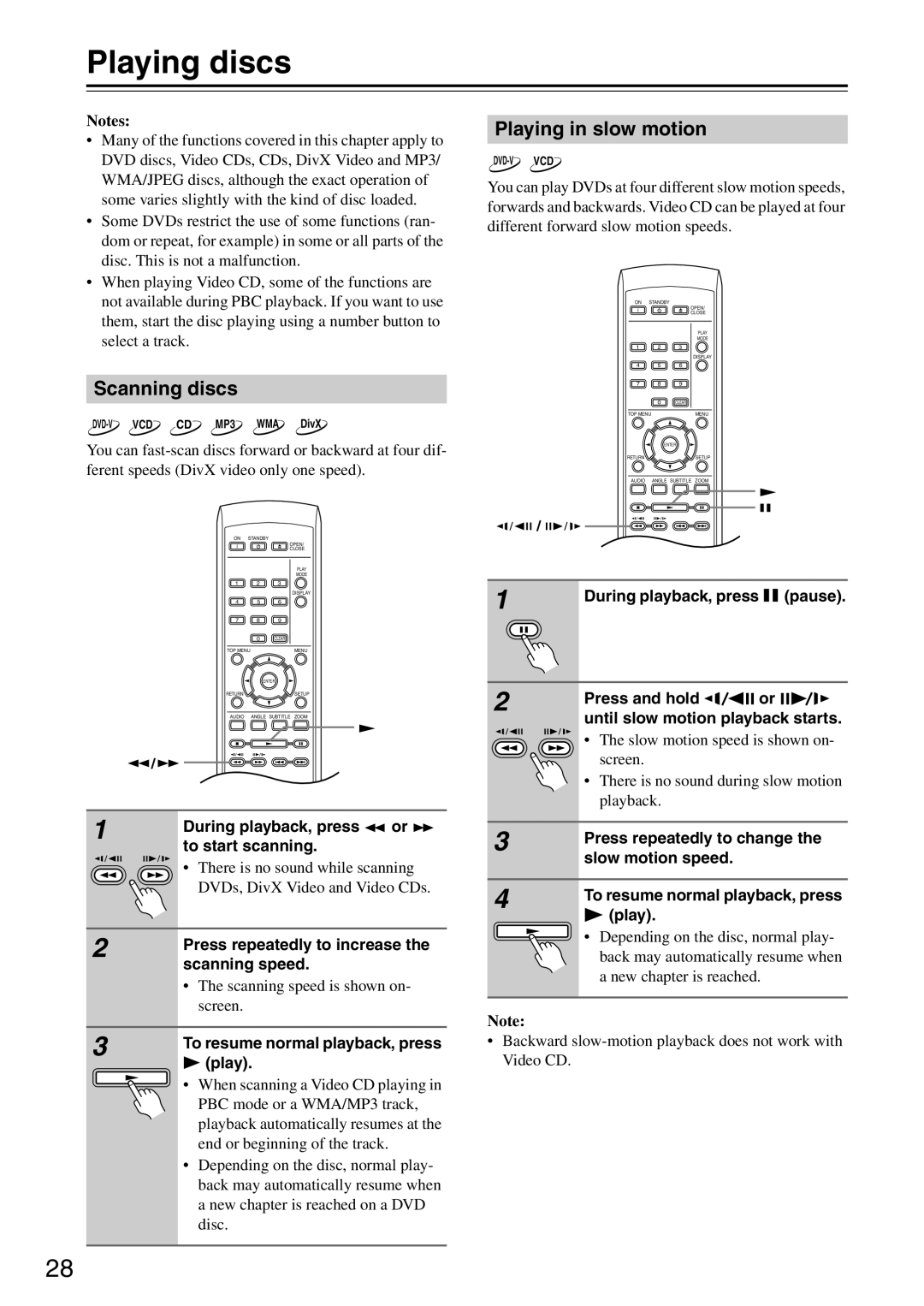 Onkyo DV-SP305 instruction manual Playing discs, Scanning discs, Playing in slow motion 