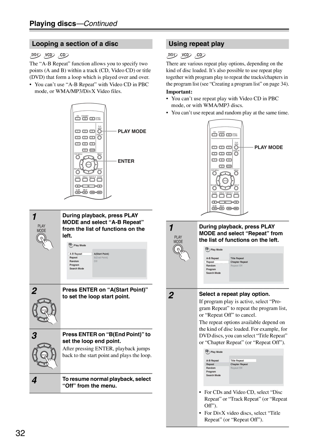 Onkyo DV-SP305 instruction manual Looping a section of a disc, Using repeat play 