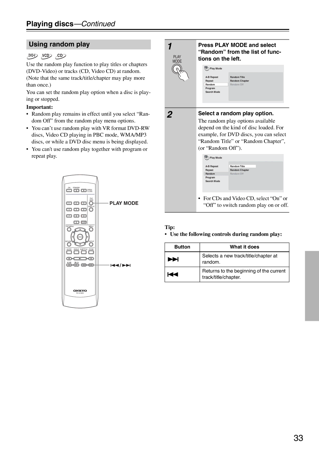 Onkyo DV-SP305 Using random play, Press Play Mode and select Random from the list of func, Tions on the left 