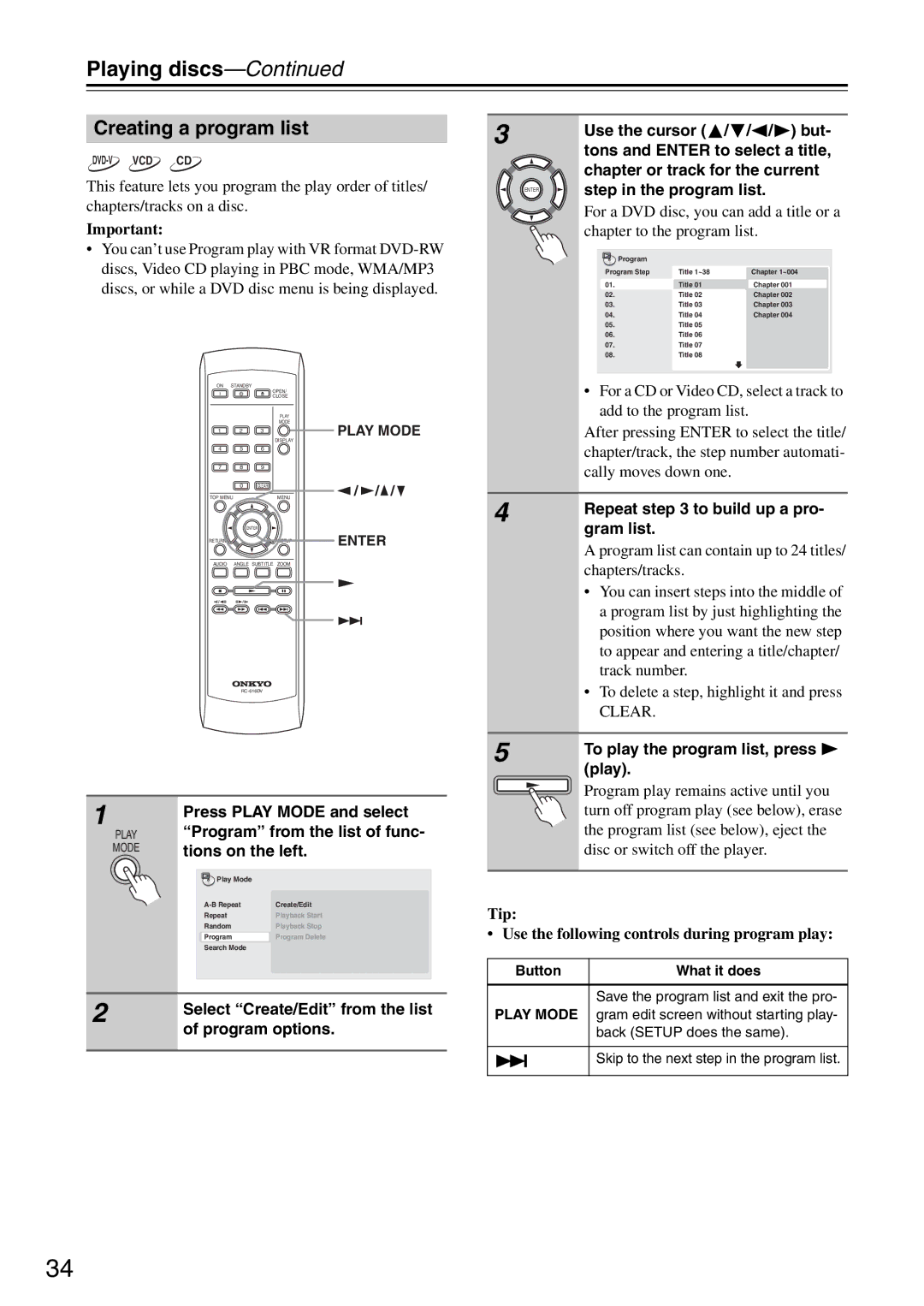 Onkyo DV-SP305 instruction manual Creating a program list 