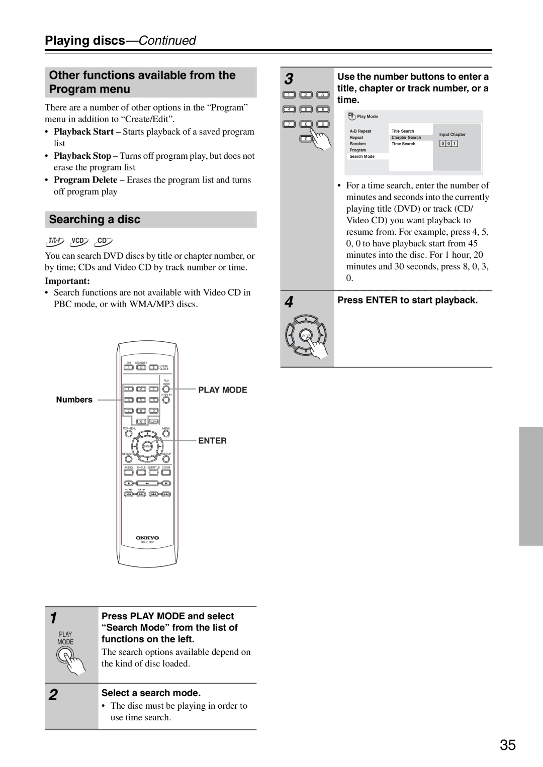 Onkyo DV-SP305 instruction manual Other functions available from the Program menu, Searching a disc 