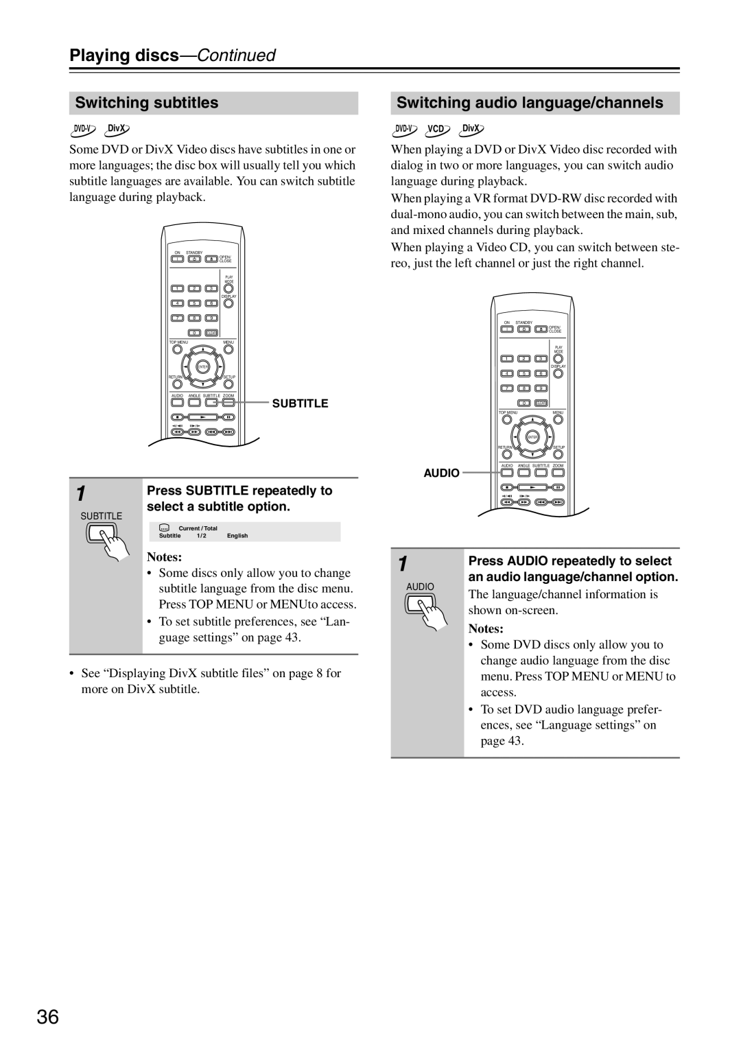 Onkyo DV-SP305 instruction manual Switching subtitles, Switching audio language/channels, Press Audio repeatedly to select 