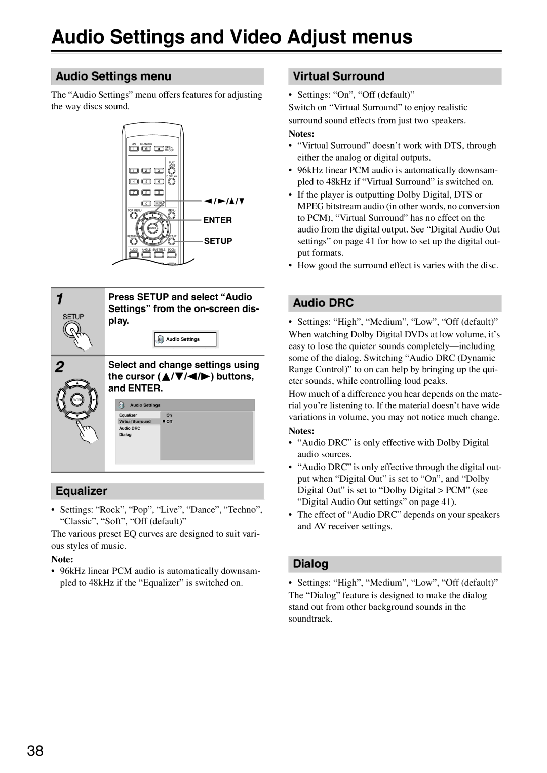 Onkyo DV-SP305 instruction manual Audio Settings and Video Adjust menus 