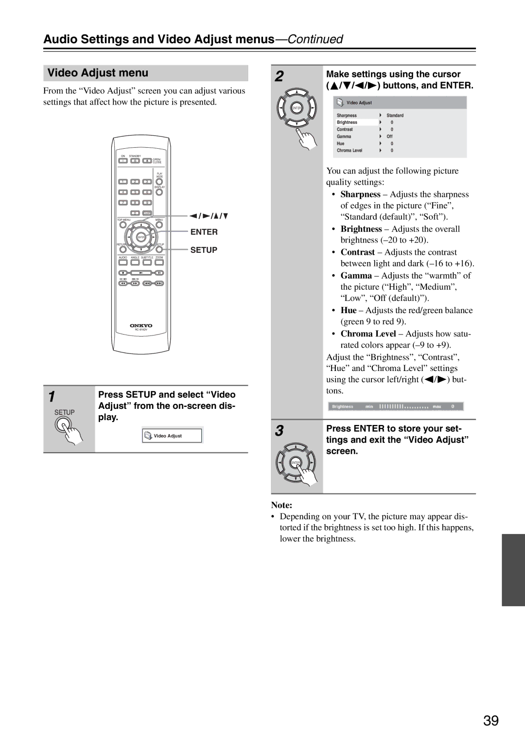 Onkyo DV-SP305 instruction manual Audio Settings and Video Adjust menus, Adjust from the on-screen dis- play 