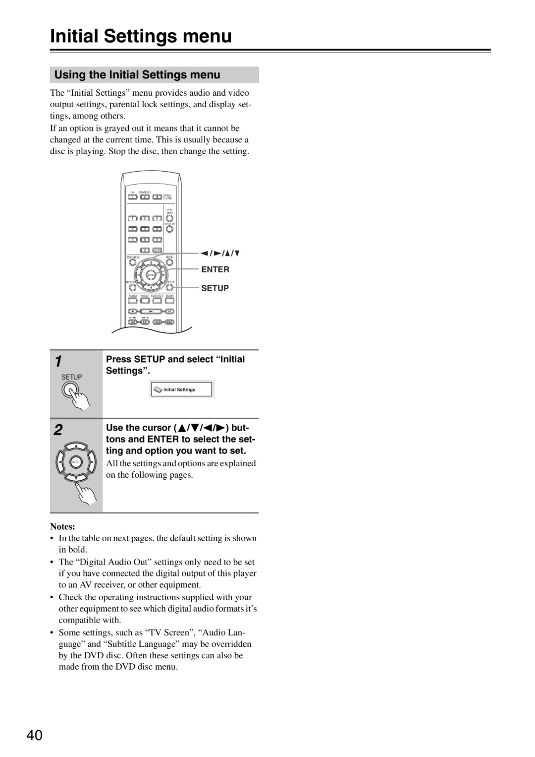 Onkyo DV-SP305 instruction manual Using the Initial Settings menu 