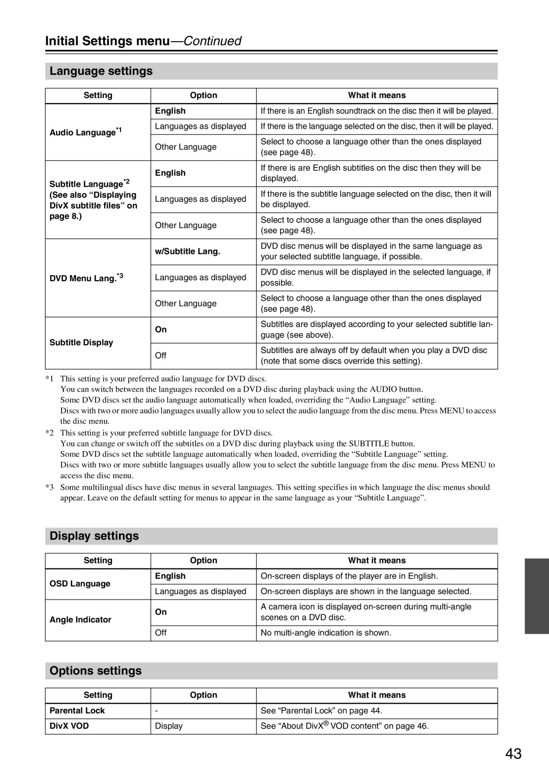 Onkyo DV-SP305 instruction manual Language settings, Display settings, Options settings 