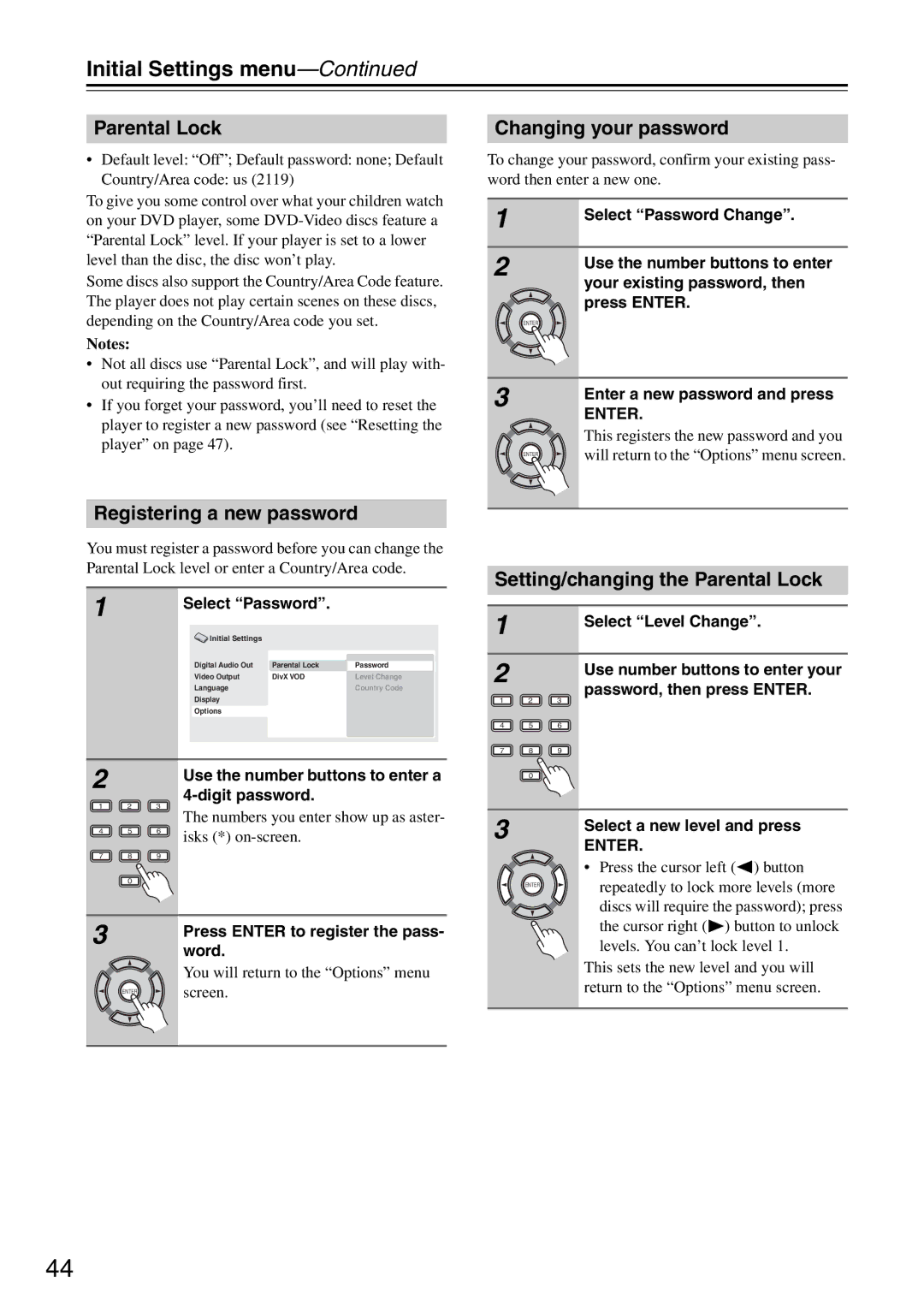 Onkyo DV-SP305 Registering a new password, Changing your password, Setting/changing the Parental Lock 