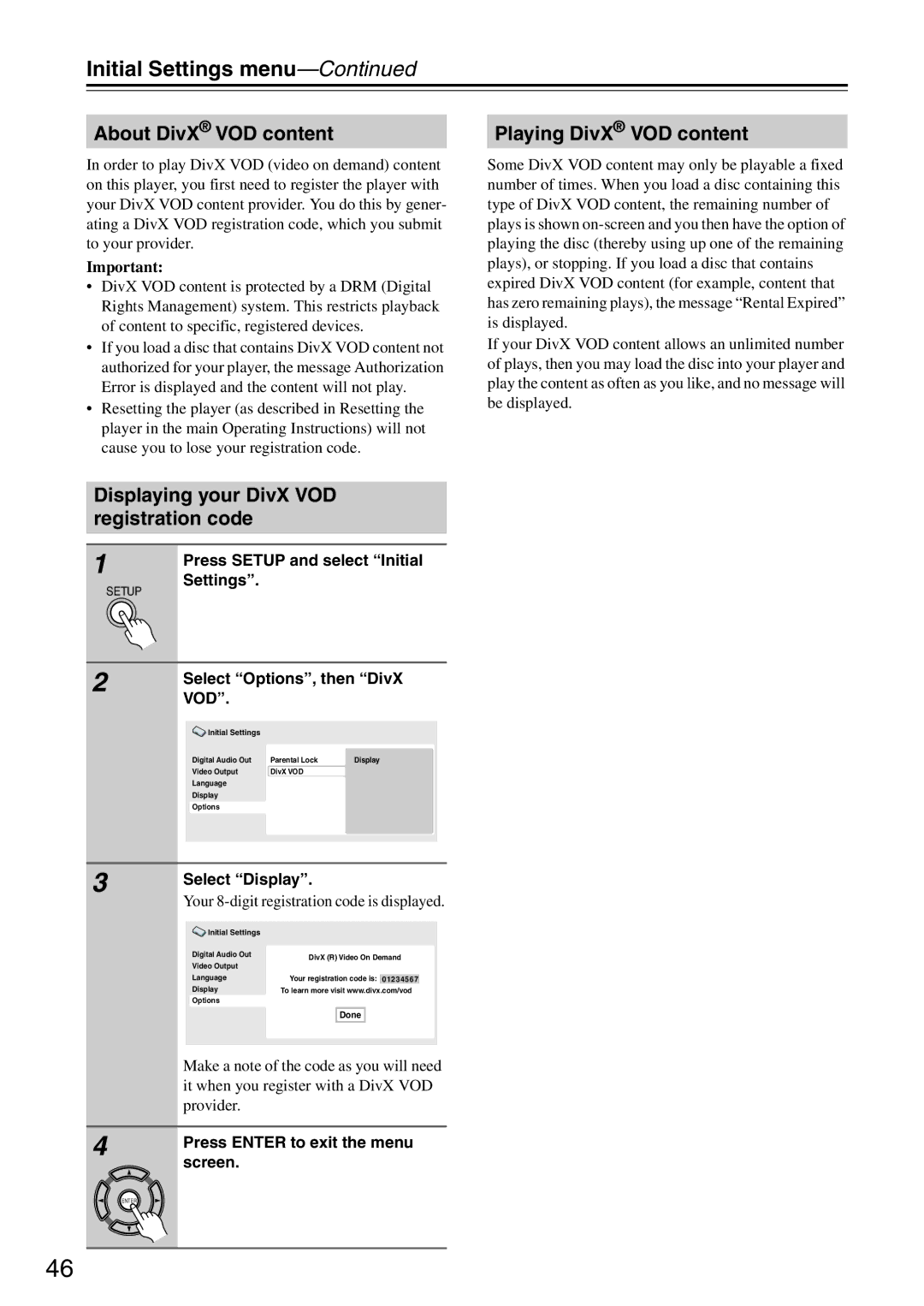 Onkyo DV-SP305 About DivX VOD content, Displaying your DivX VOD registration code, Playing DivX VOD content 