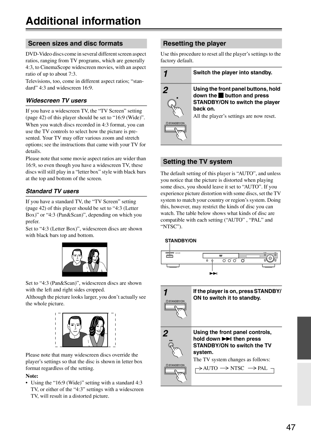 Onkyo DV-SP305 Additional information, Screen sizes and disc formats, Resetting the player, Setting the TV system 