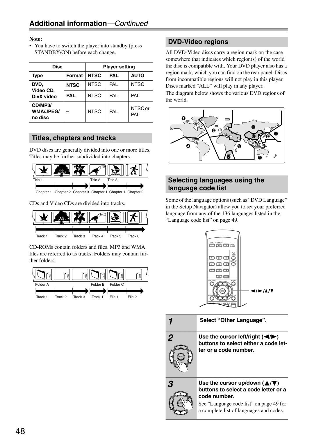 Onkyo DV-SP305 instruction manual Additional information, Titles, chapters and tracks, DVD-Video regions 