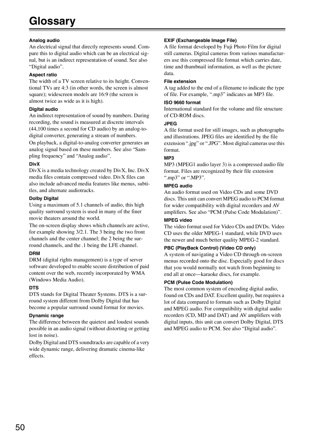 Onkyo DV-SP305 instruction manual Glossary 