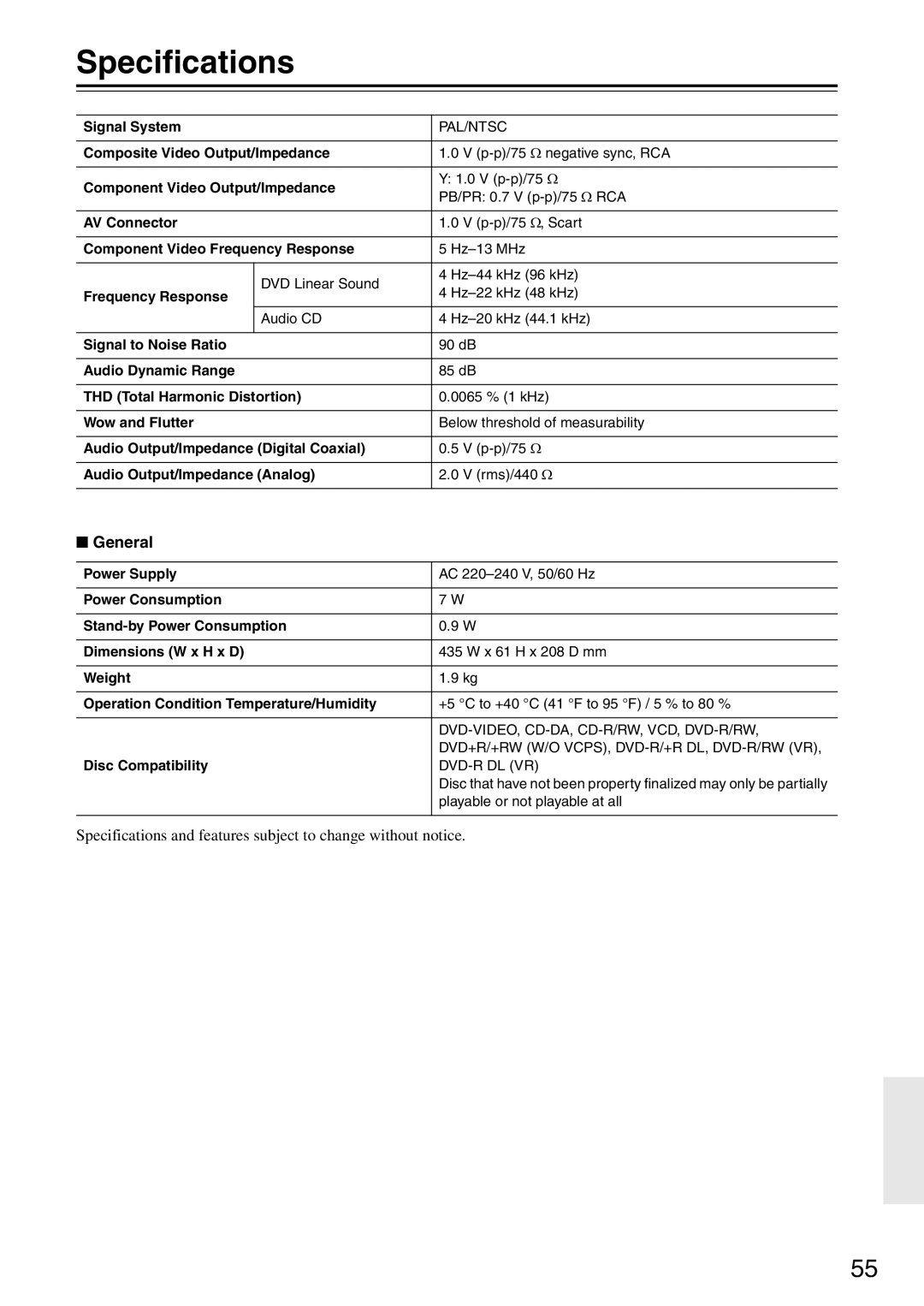 Onkyo DV-SP305 instruction manual Specifications, General 