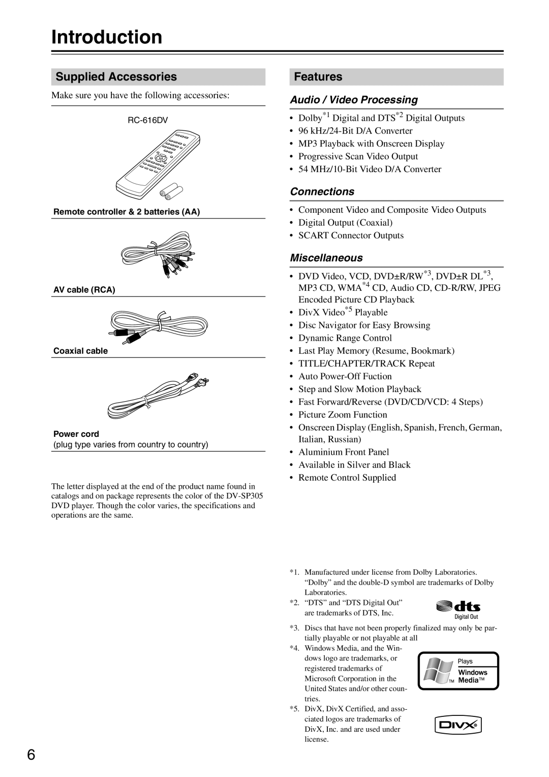 Onkyo DV-SP305 instruction manual Introduction, Supplied Accessories, Features 