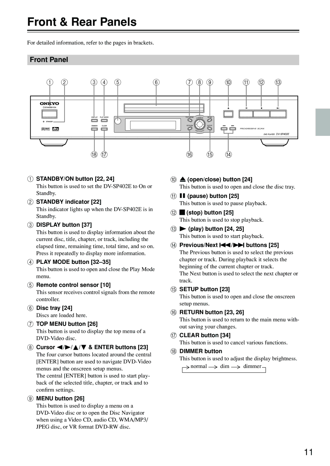 Onkyo DV-SP402E instruction manual Front & Rear Panels, Front Panel 