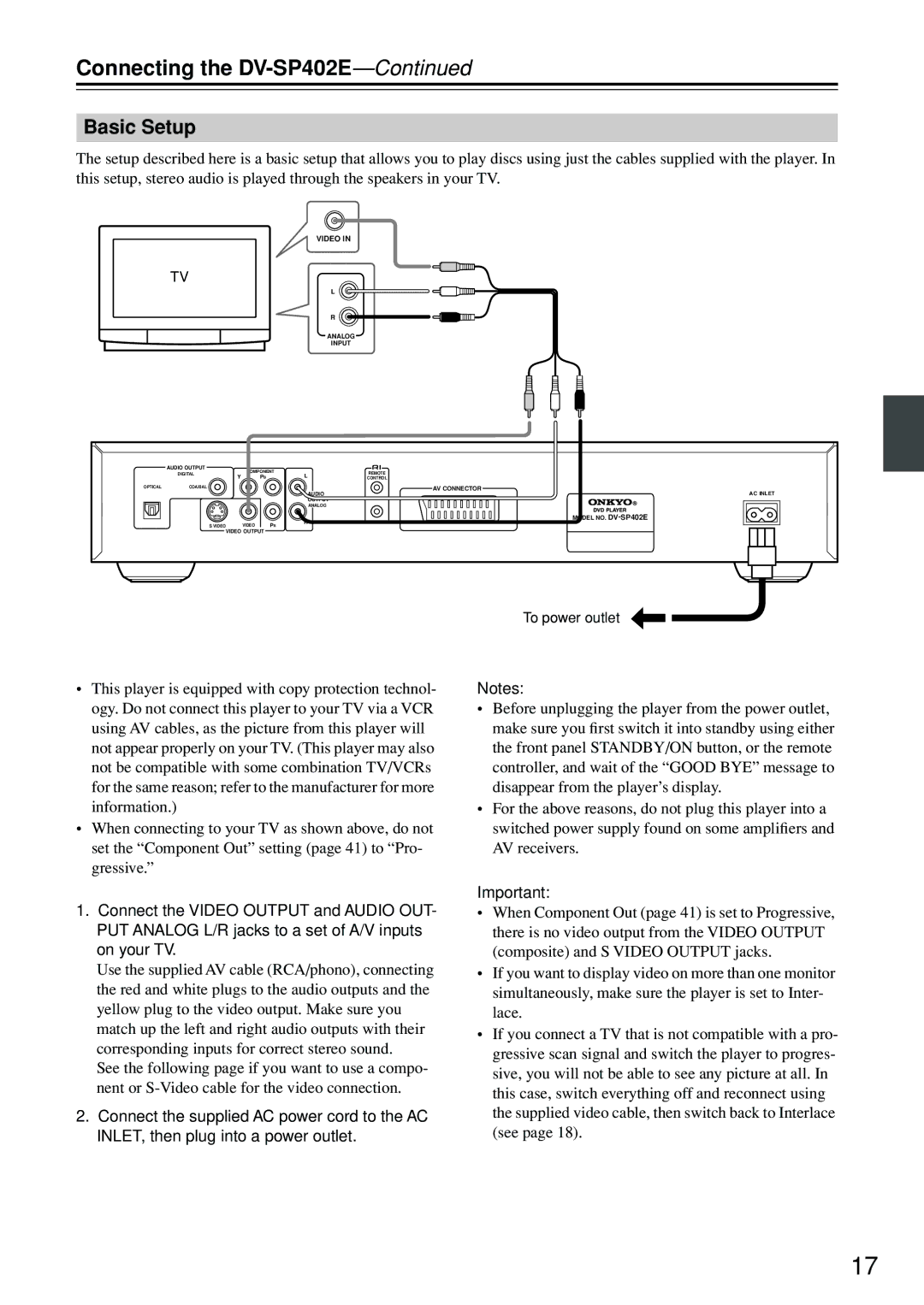 Onkyo instruction manual Connecting the DV-SP402E, Basic Setup 