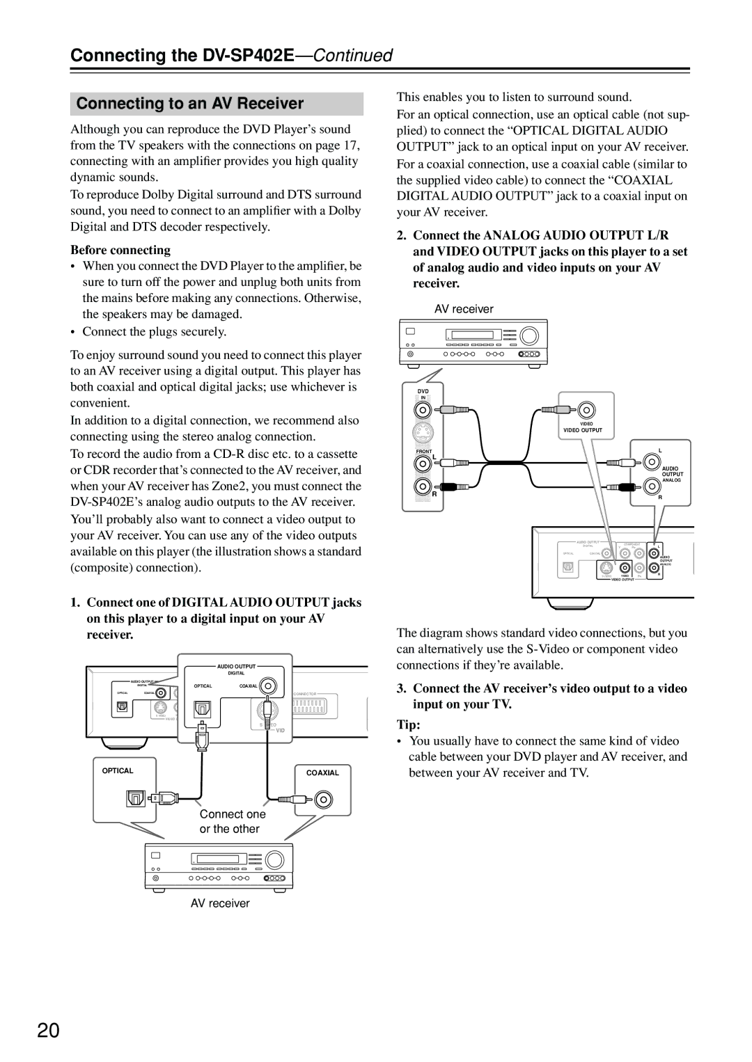 Onkyo DV-SP402E instruction manual Connecting to an AV Receiver, Before connecting 