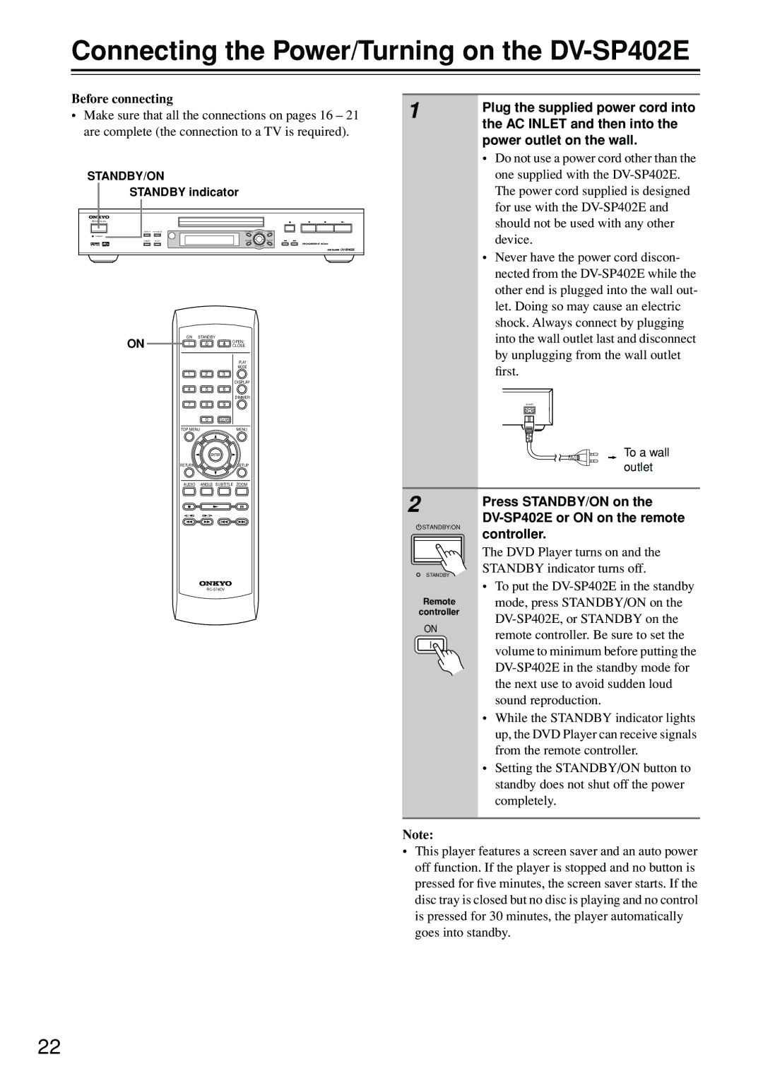 Onkyo Connecting the Power/Turning on the DV-SP402E, Plug the supplied power cord into, AC Inlet and then into 