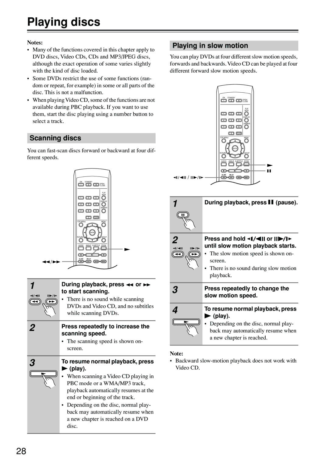 Onkyo DV-SP402E instruction manual Playing discs, Scanning discs, Playing in slow motion 