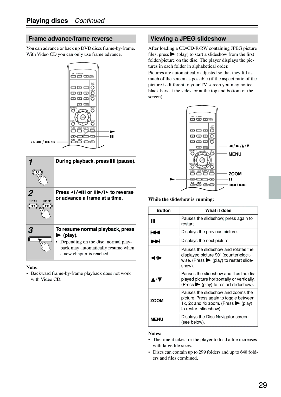 Onkyo DV-SP402E Playing discs, Frame advance/frame reverse, Viewing a Jpeg slideshow, Press, Or advance a frame at a time 