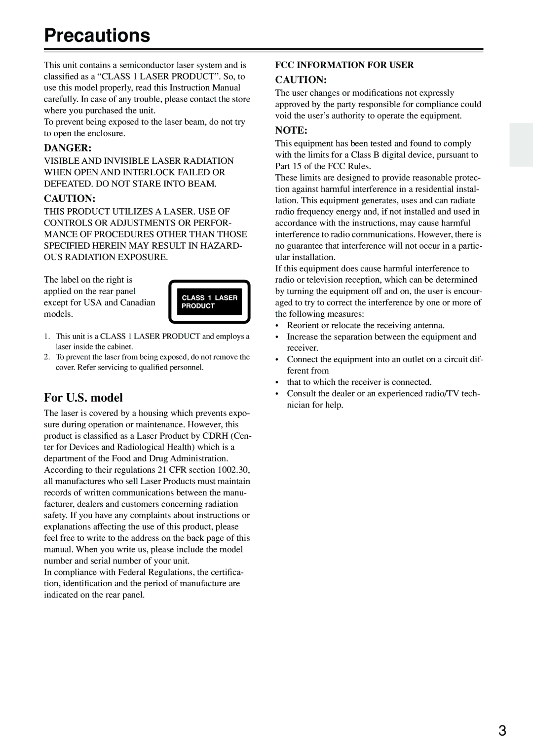 Onkyo DV-SP402E instruction manual Precautions, For U.S. model 