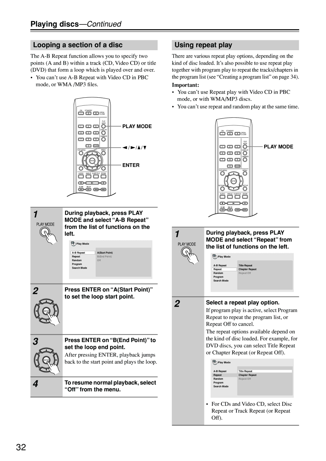 Onkyo DV-SP402E instruction manual Looping a section of a disc, Using repeat play 