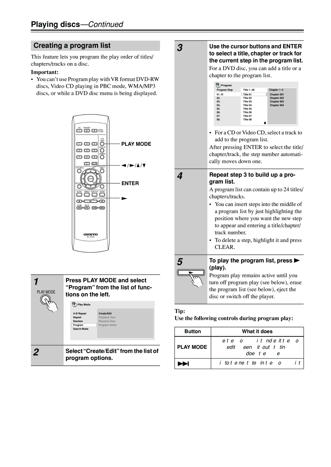 Onkyo DV-SP402E instruction manual Creating a program list 