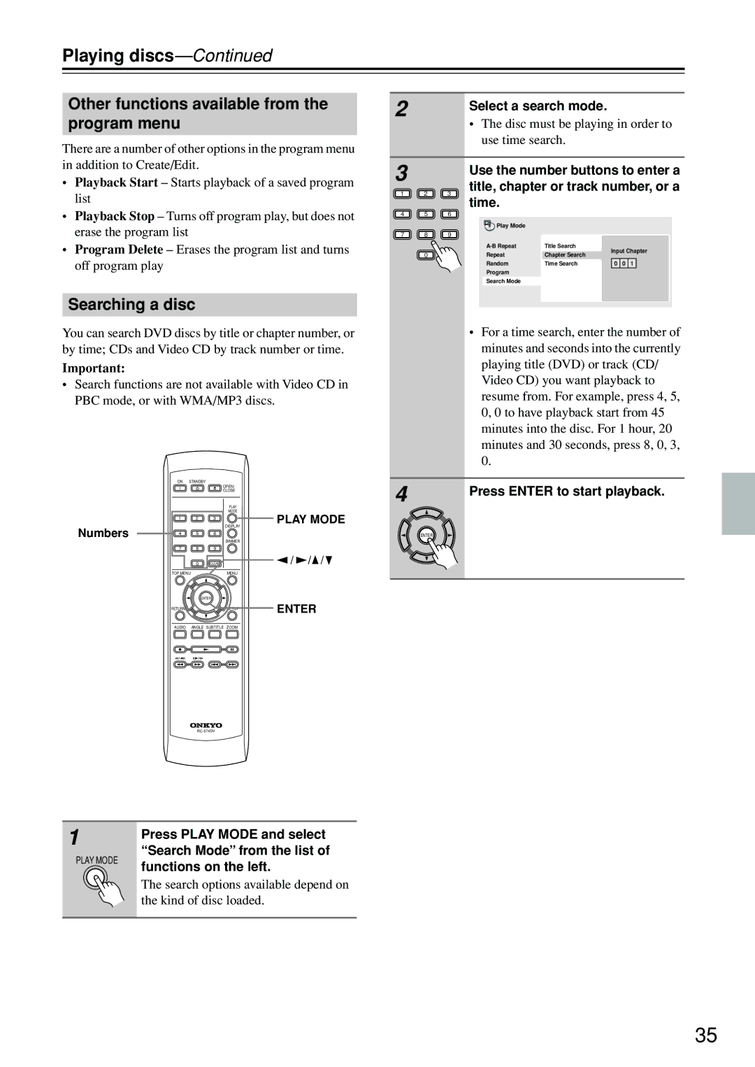 Onkyo DV-SP402E instruction manual Other functions available from the program menu, Searching a disc 