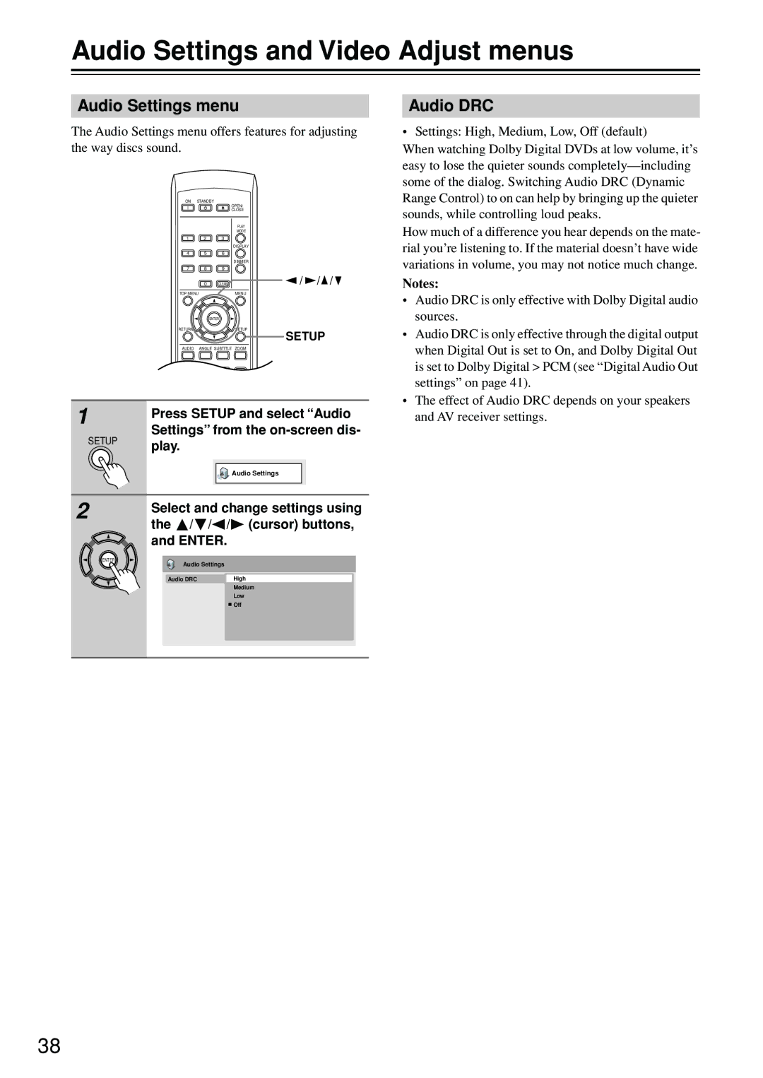 Onkyo DV-SP402E instruction manual Audio Settings and Video Adjust menus, Audio Settings menu, Audio DRC 