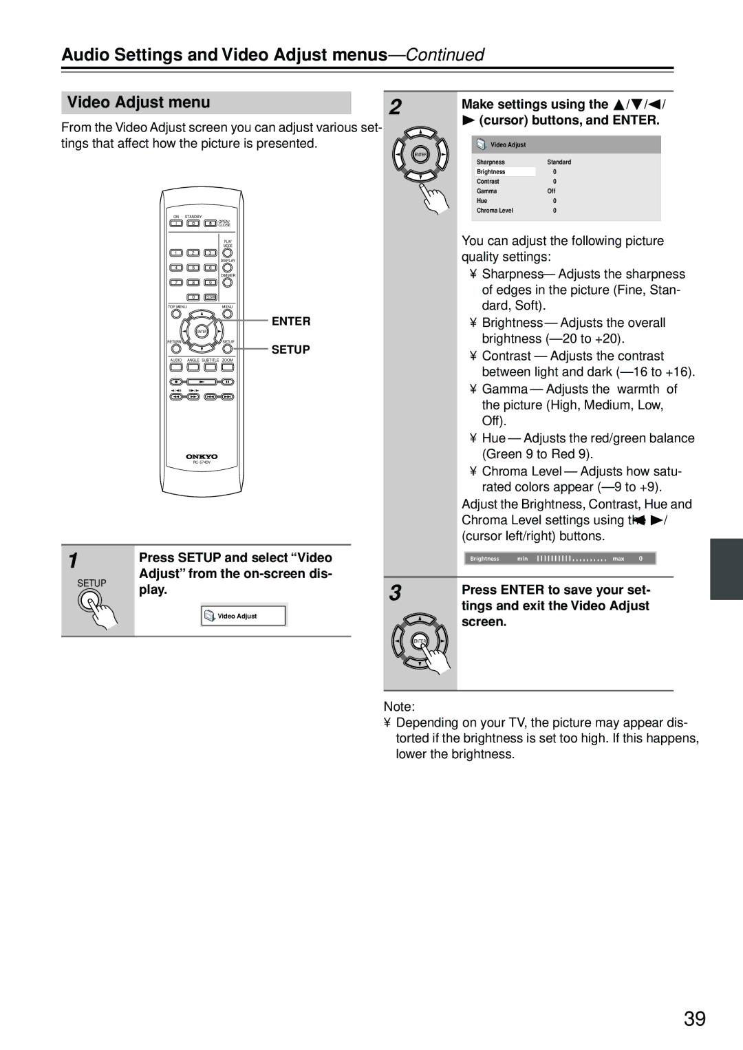 Onkyo DV-SP402E instruction manual Audio Settings and Video Adjust menus 