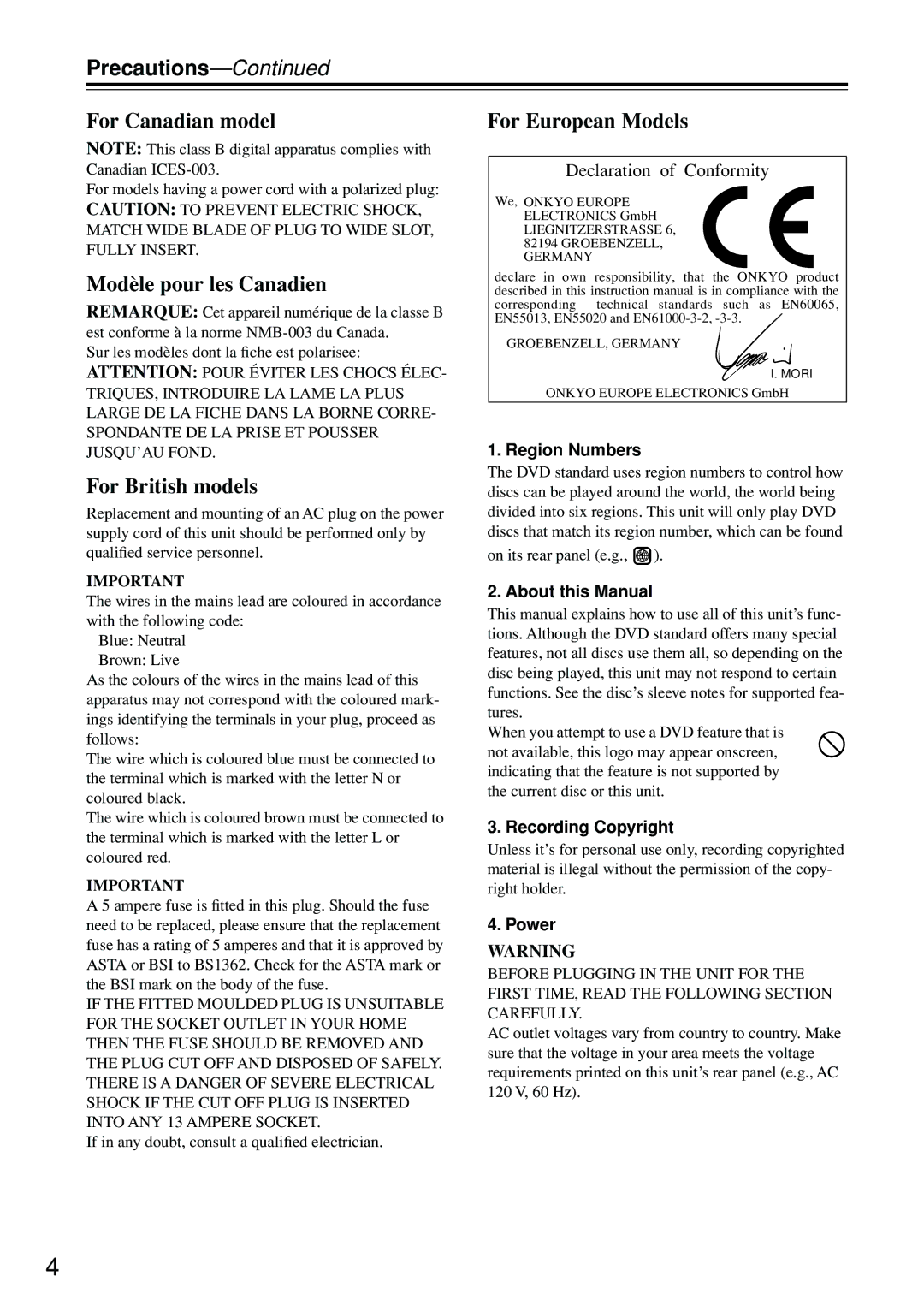 Onkyo DV-SP402E instruction manual Precautions, Modèle pour les Canadien 