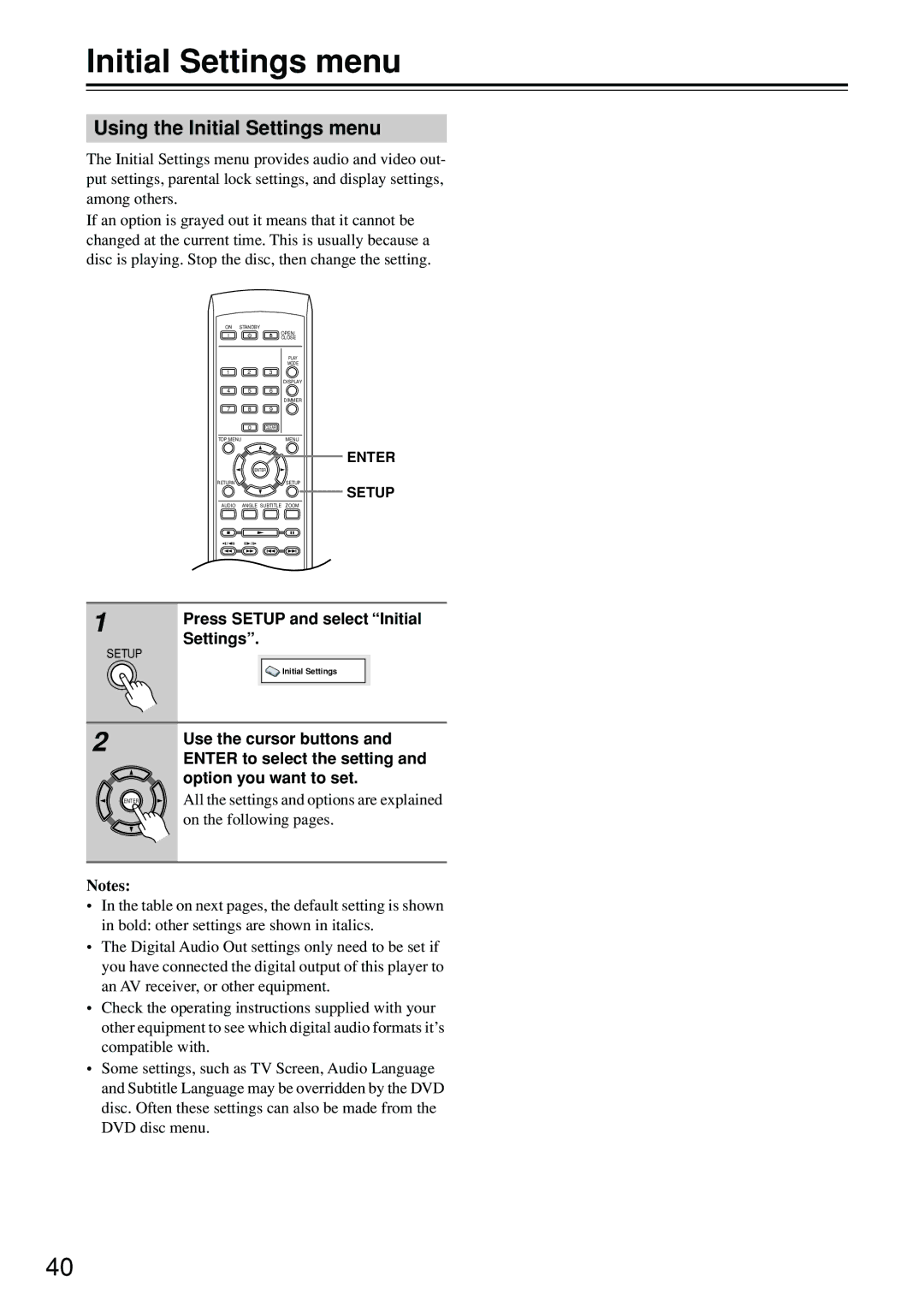 Onkyo DV-SP402E instruction manual Using the Initial Settings menu 