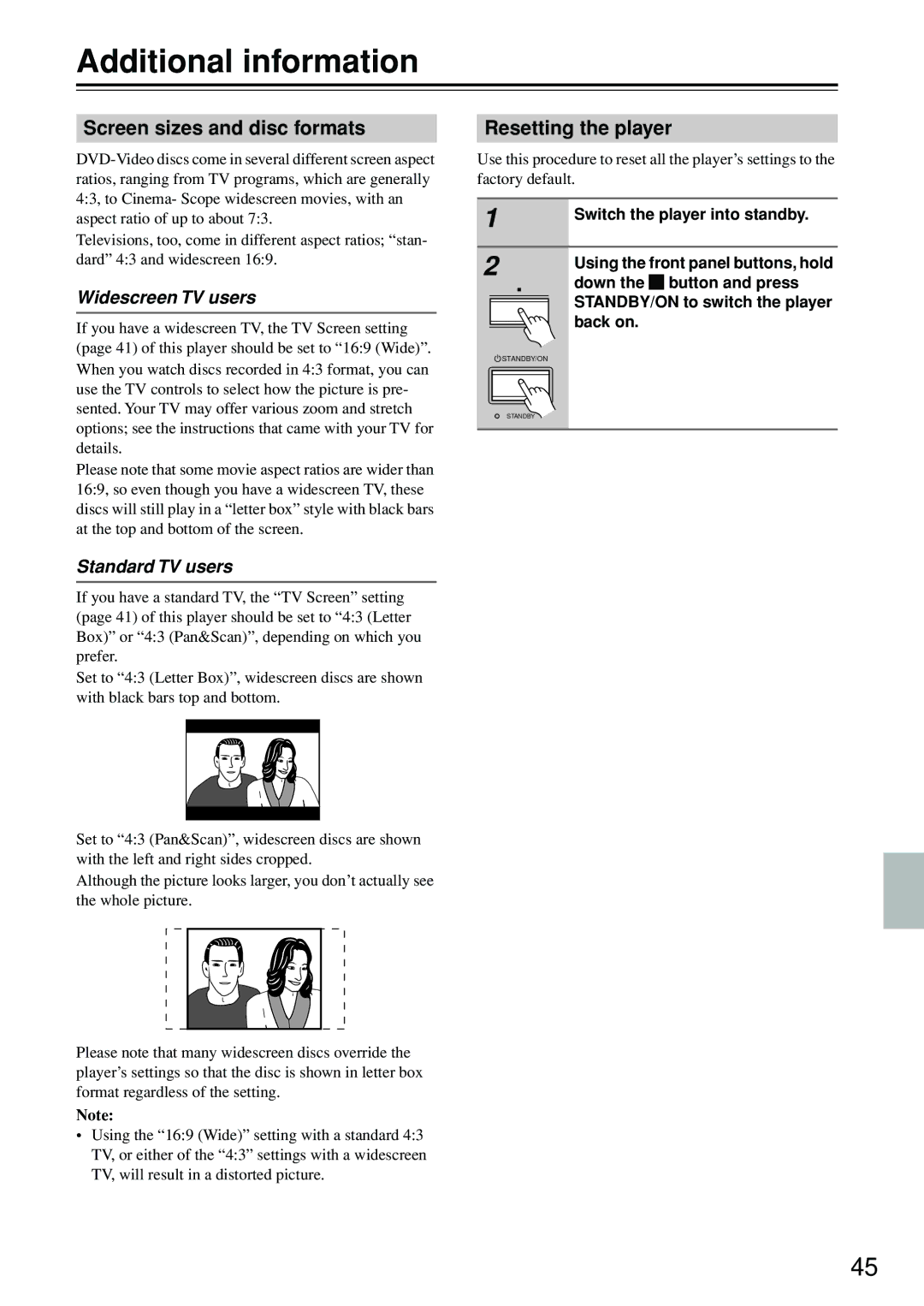 Onkyo DV-SP402E instruction manual Additional information, Screen sizes and disc formats, Resetting the player 