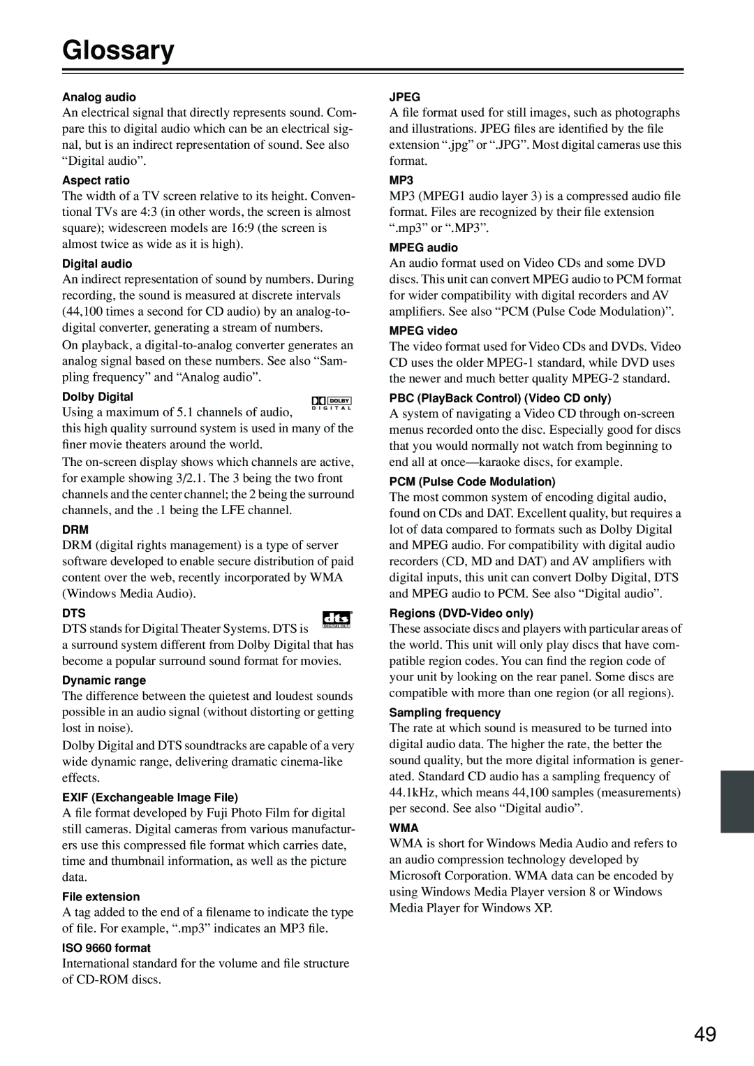 Onkyo DV-SP402E instruction manual Glossary 