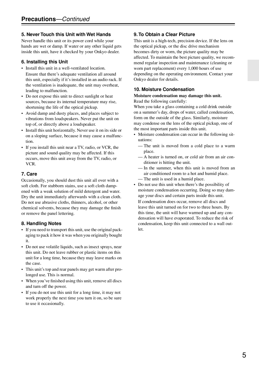 Onkyo DV-SP402E instruction manual Never Touch this Unit with Wet Hands, Moisture condensation may damage this unit 