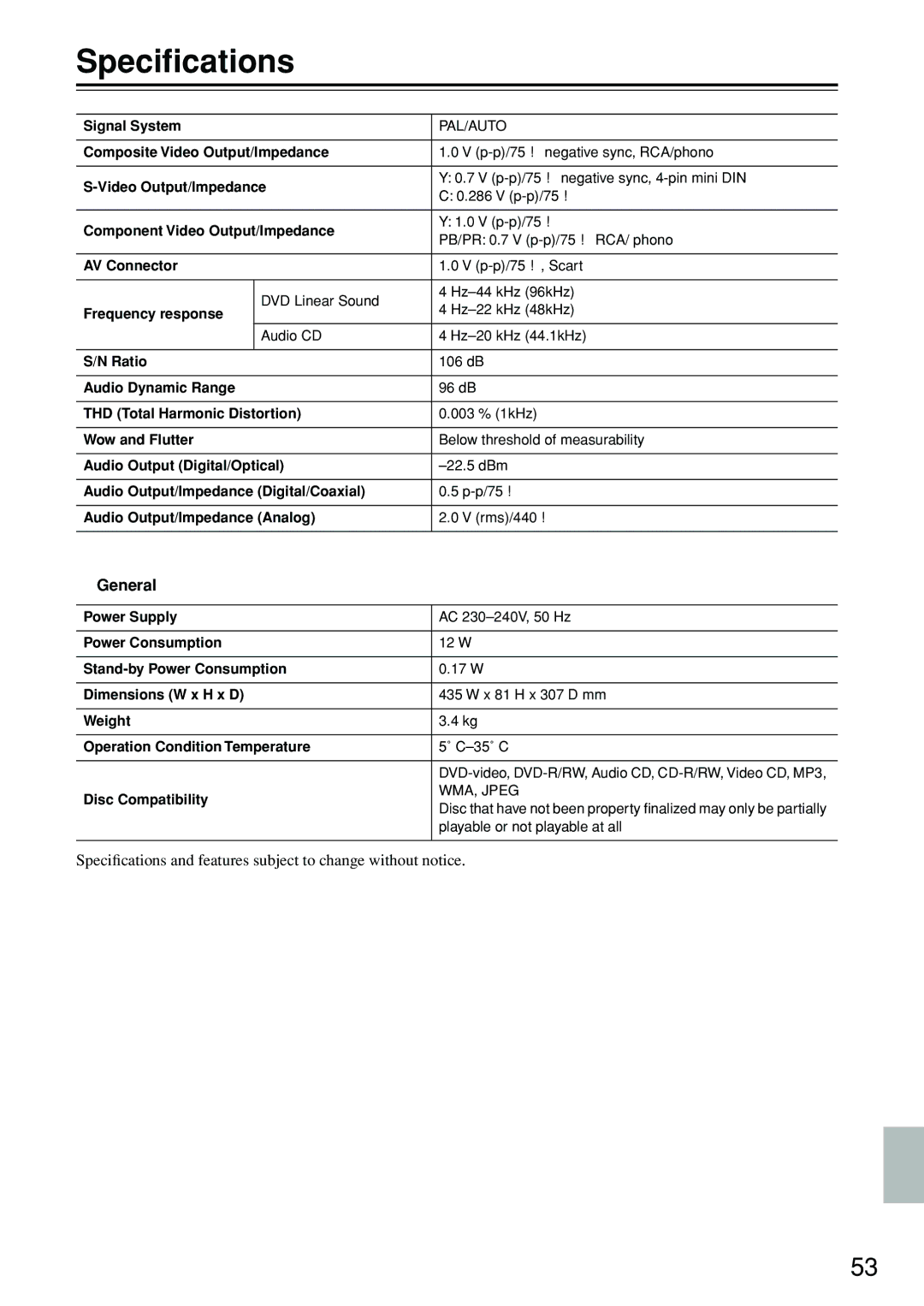 Onkyo DV-SP402E instruction manual Speciﬁcations, General 