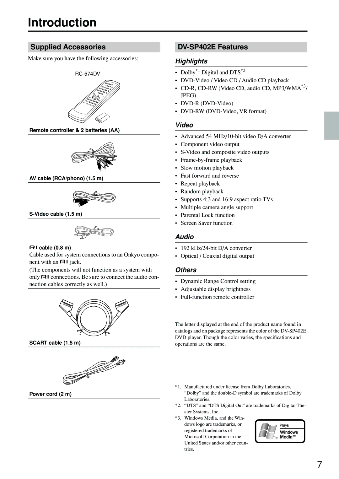 Onkyo instruction manual Introduction, Supplied Accessories, DV-SP402E Features, Scart cable 1.5 m Power cord 2 m 