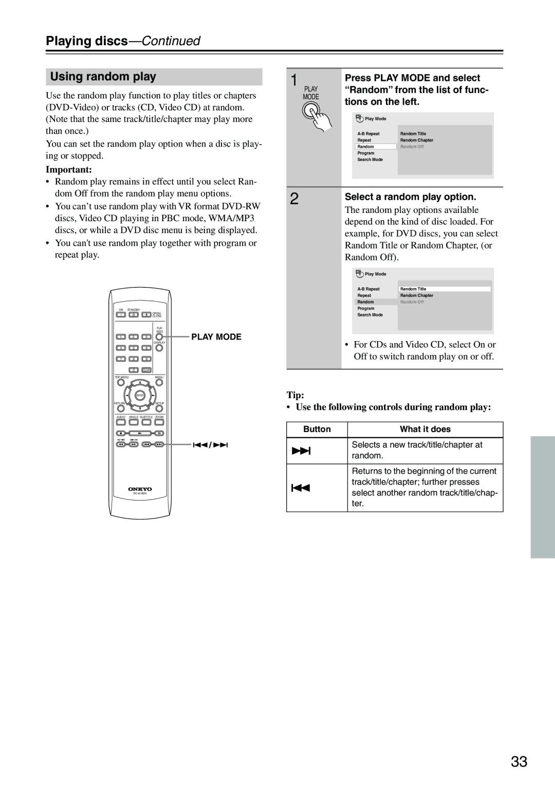 Onkyo DV-SP403E Using random play, Press Play Mode and select, Random from the list of func, Tions on the left 